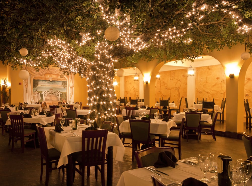 Firefly dining room with the signature lit tree