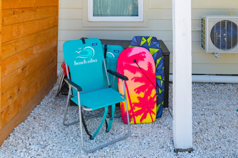 Beach chairs and boogie boards ready for kids at Sundial Suites in Panama City Beach