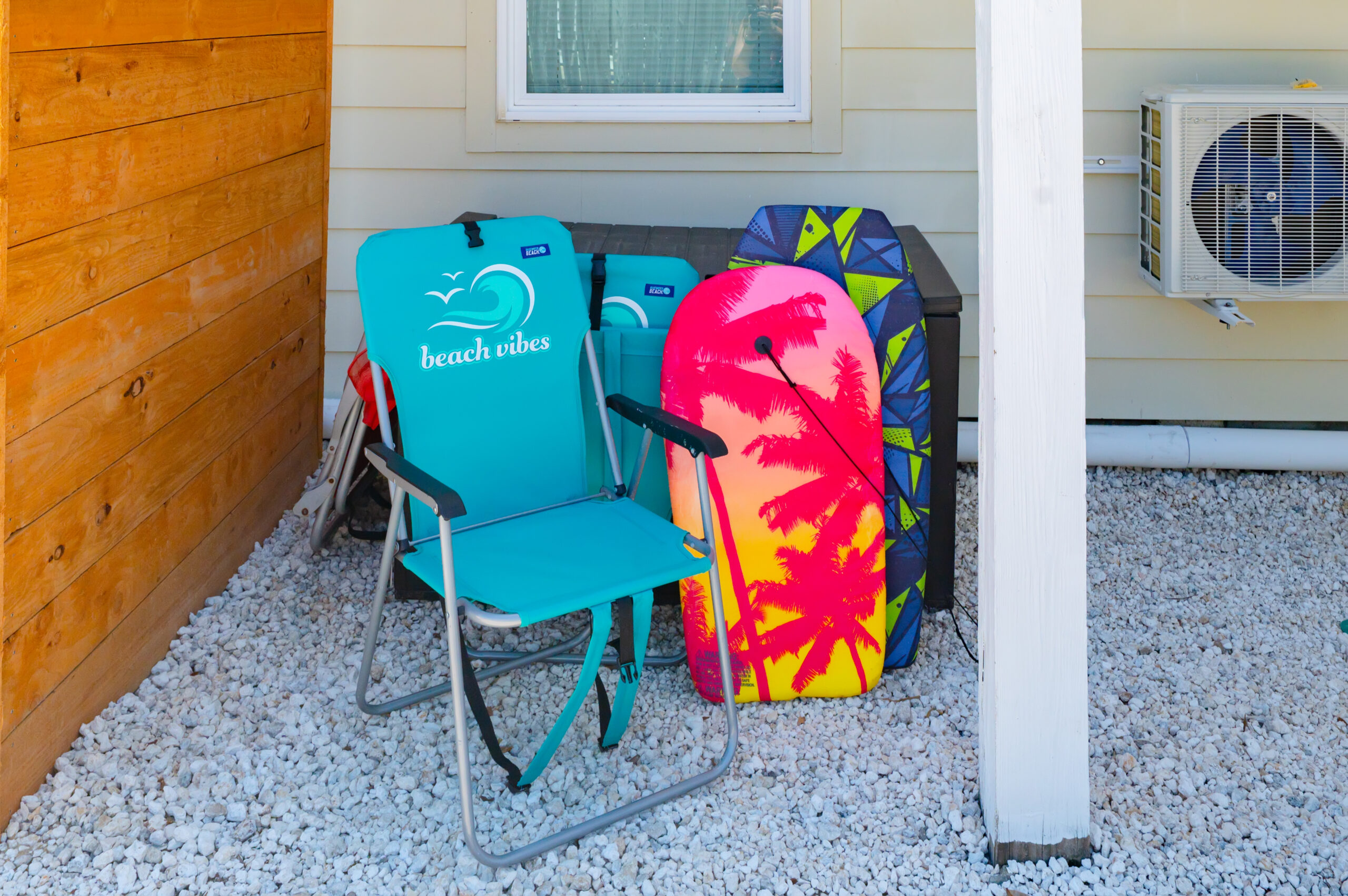 Beach chairs and boogie boards ready for kids at Sundial Suites in Panama City Beach